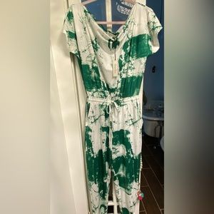 Green and white off shoulder drawstring waist jumpsuit.